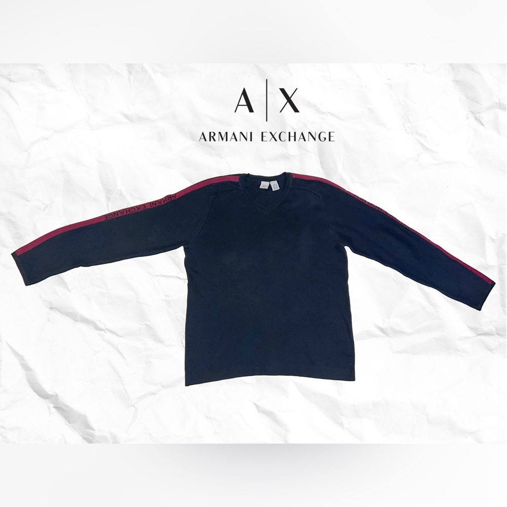 Armani Exchange Black Cotton V-Neck Sweater with Red Sleeve Stripes